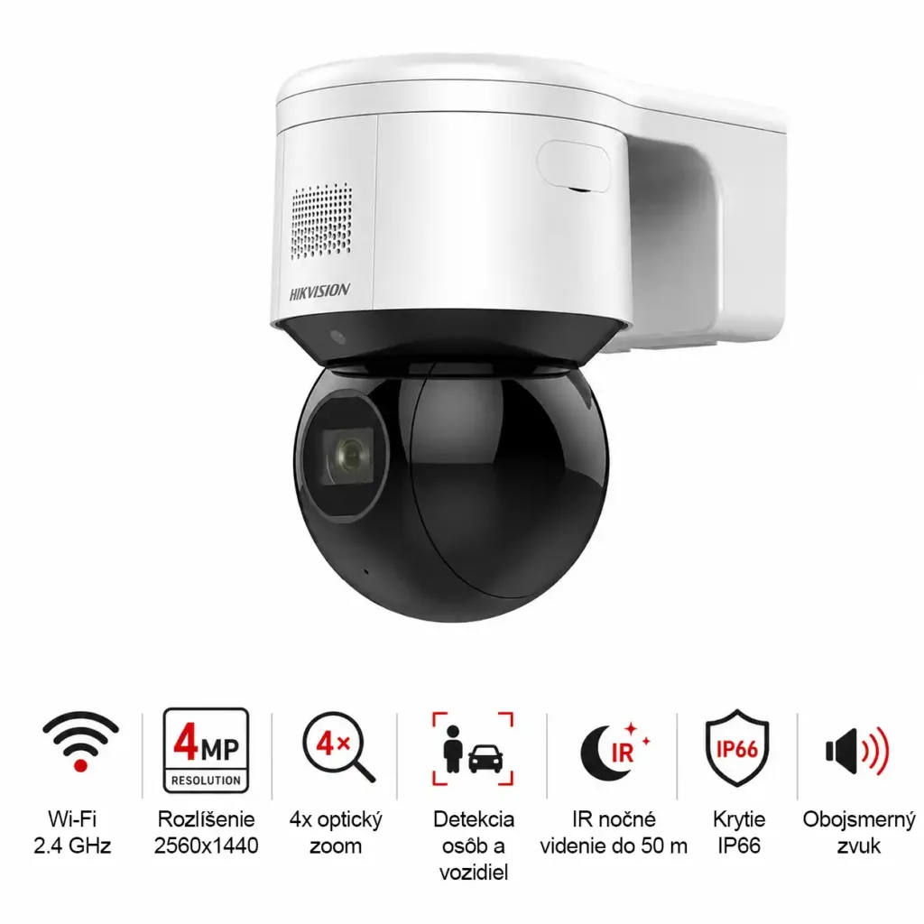 Hikvision DS-2DE3A404IWG-E/W – 4MP Wi-Fi/PoE PTZ IP kamera so 4× optickým zoomom, DarkFighter a AI klasifikáciou