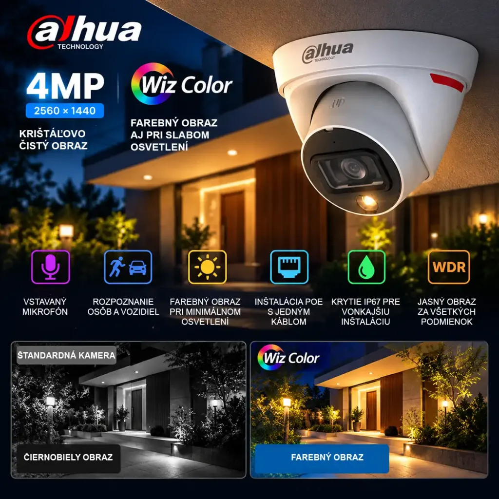Dahua IPC-HDW1439T1-A-LED-0280B-PRO – 4MP WizColor Lite IP dome kamera, 2,8 mm, SMD+, mikrofón, PoE