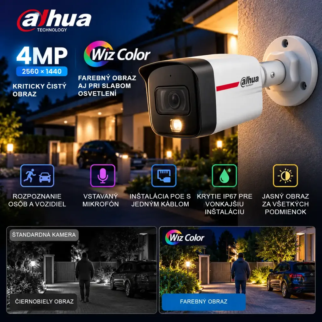 Dahua IPC-HFW1439TC1-A-LED-0280B-PRO – 4MP WizColor Lite IP bullet kamera, 2,8 mm, SMD+, mikrofón, PoE